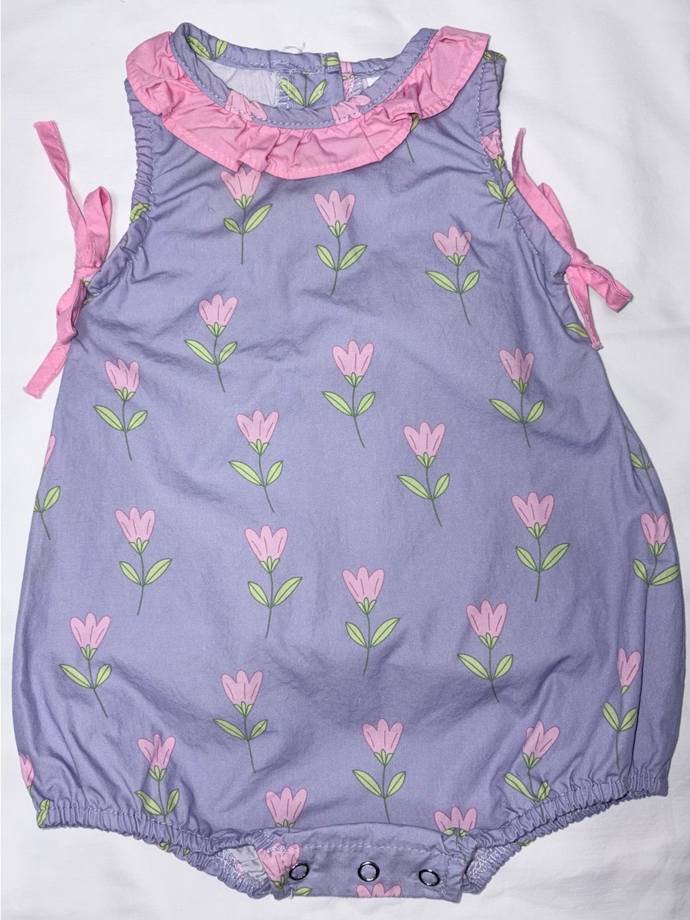 Stitchy Fish lavender floral bubble with pink ruffle at neck sz 9 months EUC